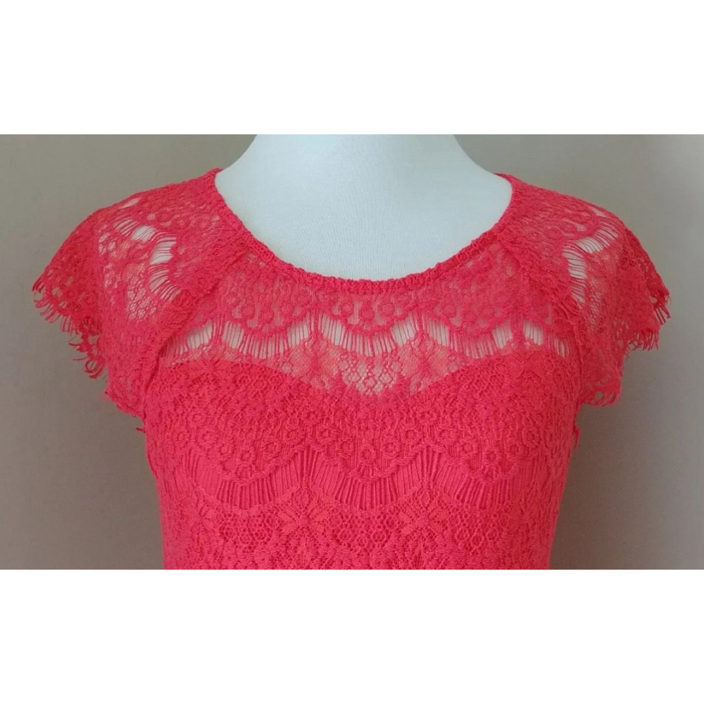 Lace Open Back Cocktail Dress Red-Orange Asymmetric Hem by Soiéblu Modcloth - Picture 3 of 9